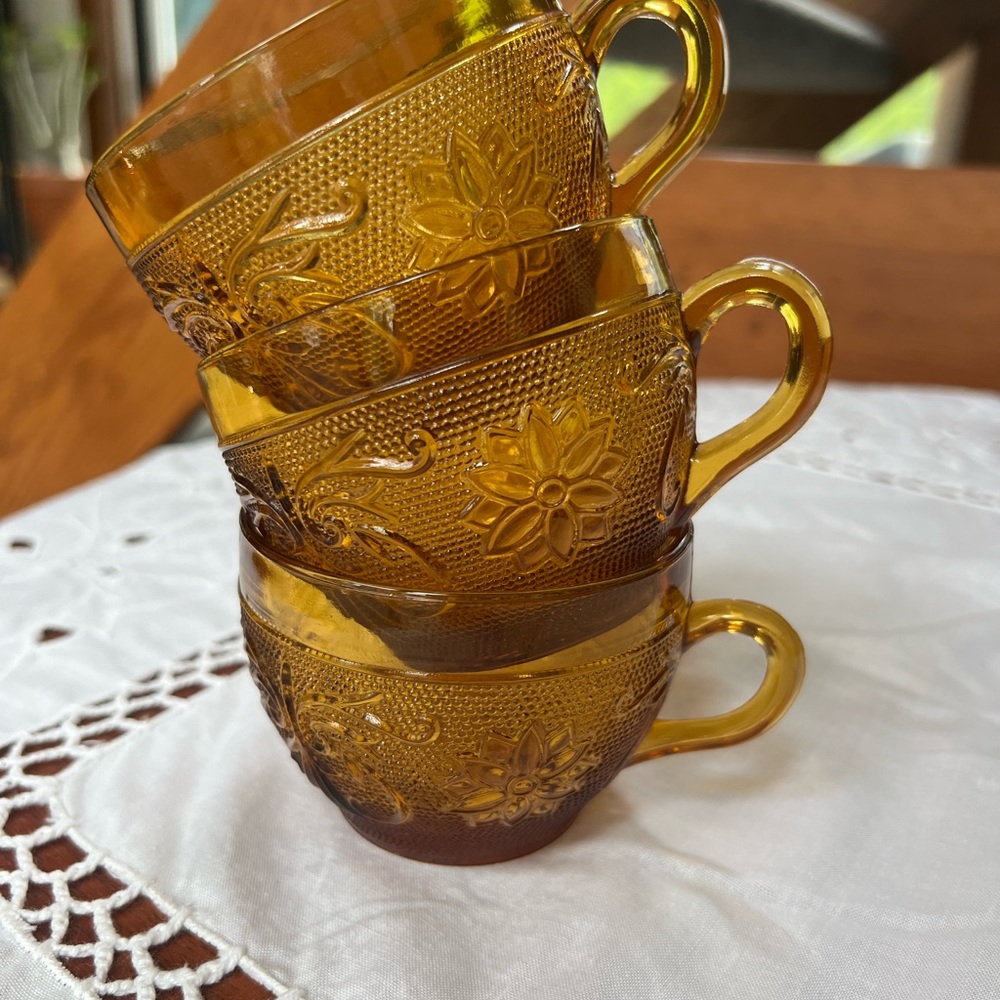 Vintage Pressed Indiana Glass Amber Tiara Sandwich Coffee Tea Mug Cup - Set Of 3